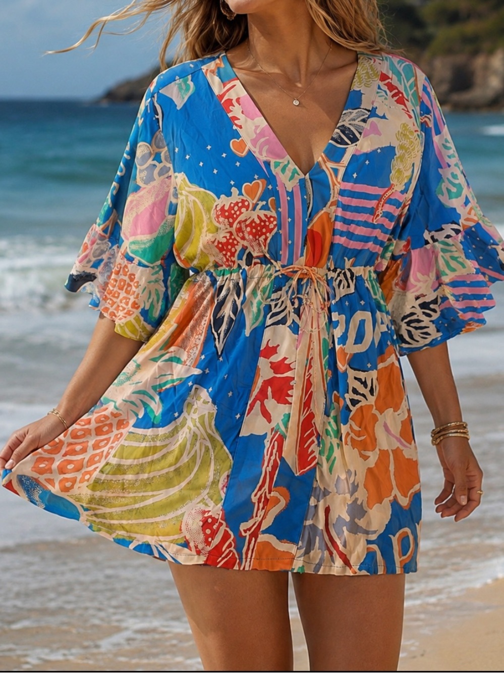 Maaji Blue Multi-Color V-Neck Mini Dress